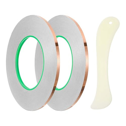 PATIKIL Copper Foil Tape, (0.2 Inch x 164 FT, Brass) (2 Set), Double Conductive Adhesive Tape with Correction Tool, Suit for - Guitar EMI/RFI Shielding/Electrical Repairs - size: 0.2 Inch x 164 FT