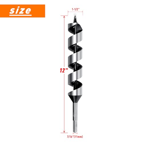 1-1/2 Inch x 12 Inch Long Ship Auger Drill Bit Set for Wood - size: 1-1/2"x12"