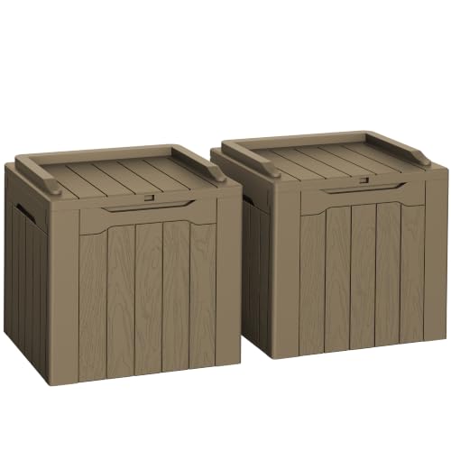 Flamaker 2 Pack Deck Box 31 Gallon Waterproof Resin Storage Box with Lid - color: Light Brown, size: 31 Gallon-2 Pack