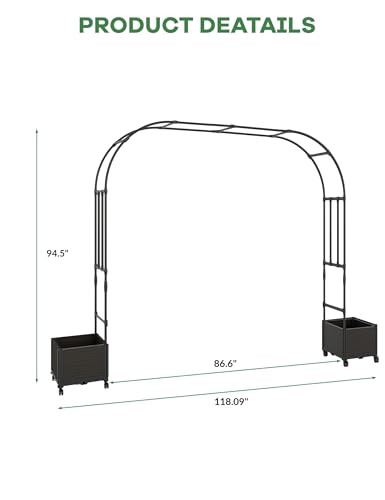 87" Rolling Garden Arch Trellis with Planter Box – Rustproof Metal Frame - size: Span 2.2