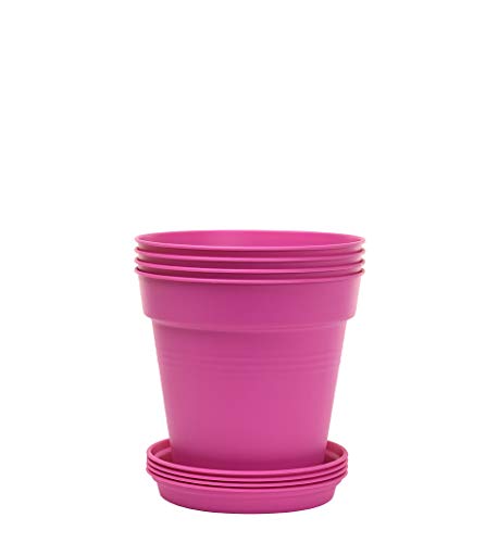 Mintra Garden Pots, 4 Pack Bulk Plastic Plant Pots with Drainage Tray, Round Indoor & Outdoor Decorative Planters with Drain Holes for Flowers, Herbs & Plants, 11cm Diameter – Fuchsia, 4.3 in - color: Fuchsia, size: 11cm Diameter (4.3in)