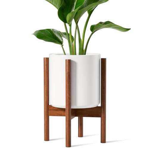 LE TAUCI Planter with Acacia Wood Stand, 12 Inch, White - color: White, size: 12 Inch