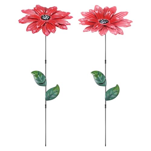 M METERXITY 2 Pack Large Flower Garden Decor Stakes, 13 Inch Waterproof Metal Garden Stakes Spring Decorative for Indoor/Outdoor/Flower Pot/Bouquets/Patio/Terrace/Home Decor [1 Pink & Red] - color: 1 Pink & Red