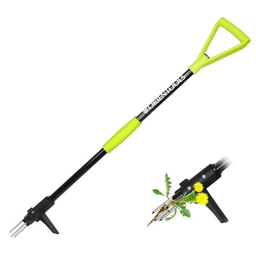ORIENTOOLS Weed Puller Stand Up Weeder Hand Tool with 3 Claws for Dandelion, Steel Twist Hand Weed Root Pulling Tool Grabber and Picker, 38" Long Handle Lawn Easy Root Remover Garden Tool with D-Grip - size: 3-Claw & D-Grip