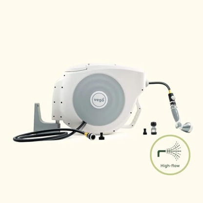 Vego Garden Hose Reel Retractable Hi-Flow Wall Mounted Hose Reel Automatic Rewind, Any Length Lock with 9 Patterns Sprayer Nozzle, Quick Connector and Adjustable shot Nozzle (Cloud White, 82ft) - color: Cloud White, size: 82ft