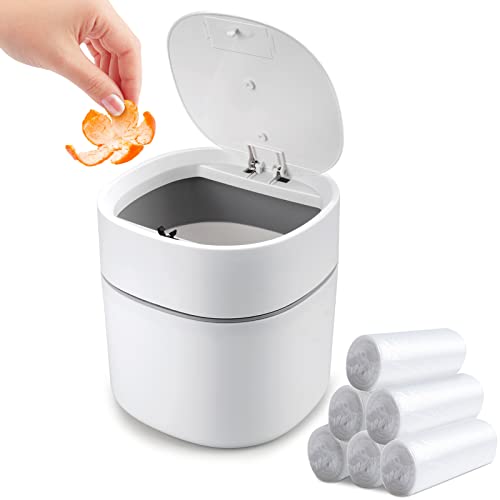 Mini Desk Trash Can with Pop-Up Lid Includes 180 Bags 0.5 Gallon, White - color: White