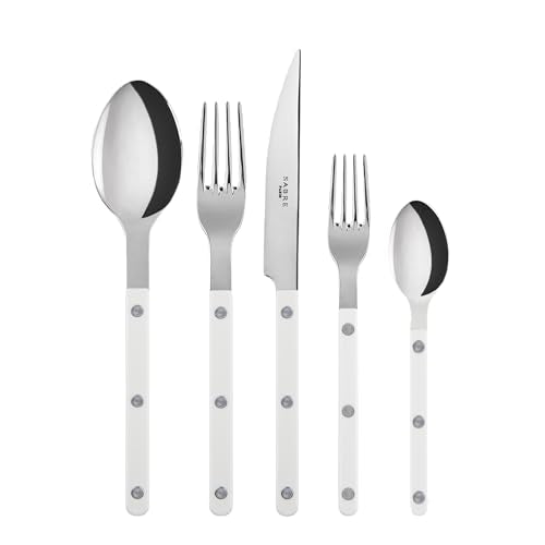 SABRE PARIS - 20-Piece Flatware Set for 4 - Bistrot Collection - Knife, Fork, Soup Spoon, Teaspoon & Dessert Fork - Stainless Steel & Nylon - Dishwasher Safe - White - Shiny Finish - color: White, size: 20 Pieces