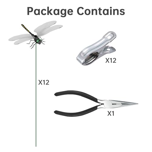 NiHome 12 Pack 3D Dragonfly Clips, Fake Garden Decor, Waterproof PVC, Black - color: Black