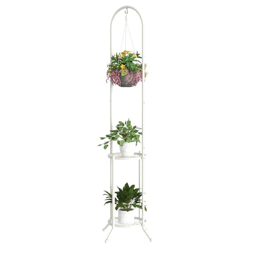 BMOSU Plant Stand with Hooks Indoor Outdoor Corner Tall Plant Stand Heavy-Duty Metal 3-Tier Plant Shelf Holder Rack for Patio Garden Balcony Living Room Bedroom(circular White)