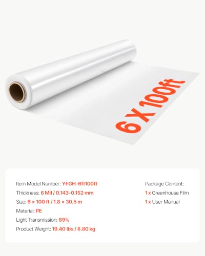 VEVOR Greenhouse Plastic Sheeting 6 x 100 ft 6 Mil Clear Polyethylene Film - size: 6 x 100 ft