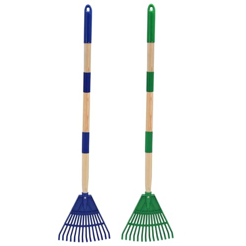 Kids Leaf Rake - 3-Section Adjustable Handle, Lightweight, Wood & Plastic, Small Garden Tool for Children (Blue+Green) - color: Blue+Green