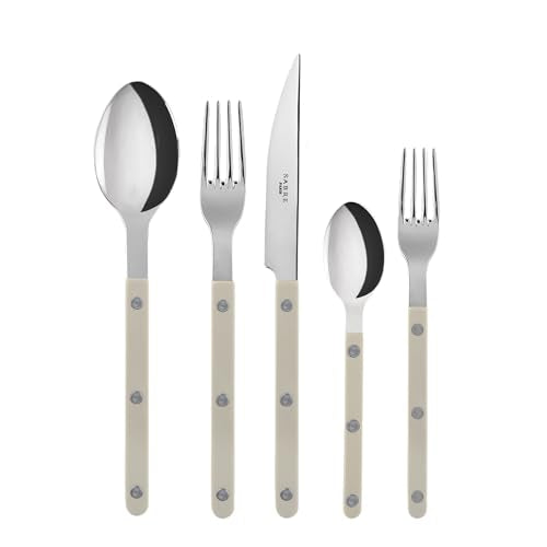 SABRE PARIS - 20-Piece Flatware Set for 4 - Bistrot Collection - Knife, Fork, Soup Spoon, Teaspoon & Dessert Fork - Stainless Steel & Nylon - Dishwasher Safe - Light Kaki - Shiny Finish - color: Light Kaki, size: 20 Pieces