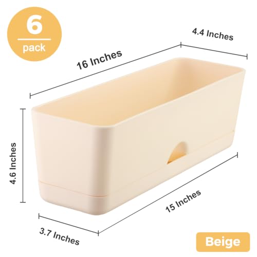 6 Pack Rectangle Planter 16x4.4 Inch Window Boxes Planters Rectangular Large Window Sill Planters Indoor Self Watering Plant Pots with Drainage Holes and Saucers Succulent Herb Flower Pots, Beige - color: Beige