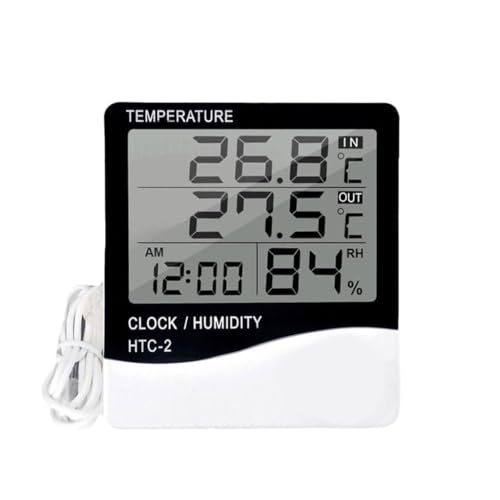 Temperature Humidity Meter, LCD Digital Indoor Outdoor Thermometer Hygrometer with Clock & Sensor Wire, Humidity Monitor for Home, Reptile, Greenhouse, Basement