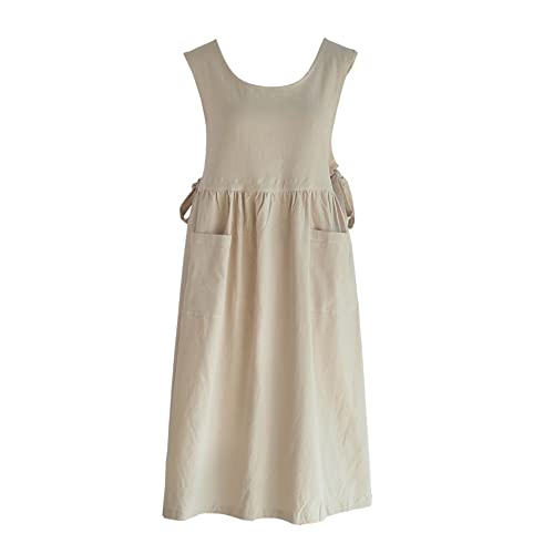 Nanxson Cotton Apron Women Split Plus Size Bib with Pockets - color: Beige