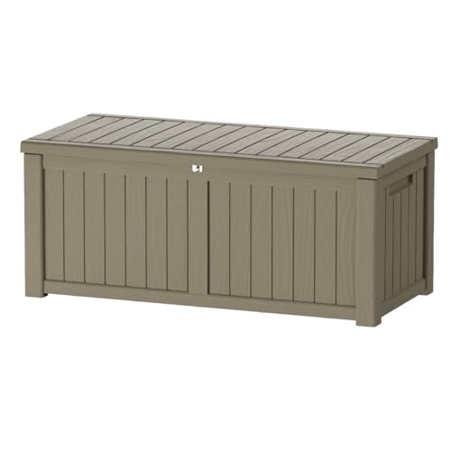 150 Gallon Outdoor Storage Box Patio Deck Box Waterproof, Resin Lockable Outside Large Storage Bin for Pool Cushion Furniture, Garden Tools UV-Resistant, Grey - color: Grey, size: 150 Gallon