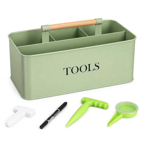 Garden Basket, Metal Garden Caddy with Wooden Handle, 4 Compartments Garden Tool Organizer Garden Tool Storage, Gardening Tool Kit Holder Empty for Indoor and Outdoor Use, Green Gardener Gift
