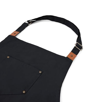 Cotton Canvas Apron for Women & Men – Adjustable Neck Strap & Waist Ties with Pockets - color: Black
