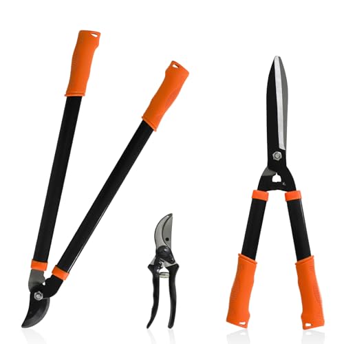 ECOOPTS 3PCS Garden Tool Set with Lopper, Hedge Shears and Bypass Pruner, Heavy Duty Tree & Shrub Care Kit, Tree Trimmer Gardening Tools for Indoor & Outdoor Gardening