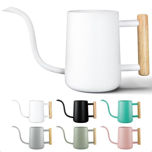Metal Small Indoor Watering Can with Long Spout & Real Wood Handle, 35oz - color: White