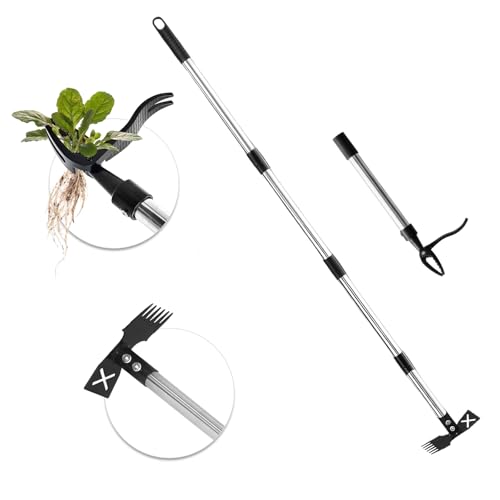 2 in 1 Stand Up Weed Puller Tool, Adjustable Bamboo Long Handle Weeder with 4-Claw Remover & 6-Tine Garden Hoe Rake, Detachable Extendable Gardening Tool for Yard Lawn Soil Loosening Planting