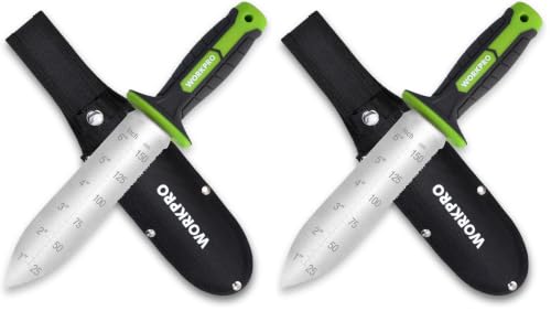 WORKPRO Hori Hori Garden Knife, 7" Stainless Steel Blade with Cutting Edge, Garden Tools with Oxford Sheath, Ergonomic TRP Handle with Hanging Hole for Weeding, Planting, Digging, Green (Pack of 2) - color: Green, size: 7" (Pack of 2)