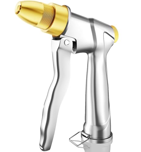 ESOW Heavy Duty Metal Garden Hose Nozzle, High Pressure Water Hose Nozzle with 4 Spray Patterns Rotating, Ideal for Outdoor Lawn & Garden Watering, Car & Pet Washing, Silver - color: Silver