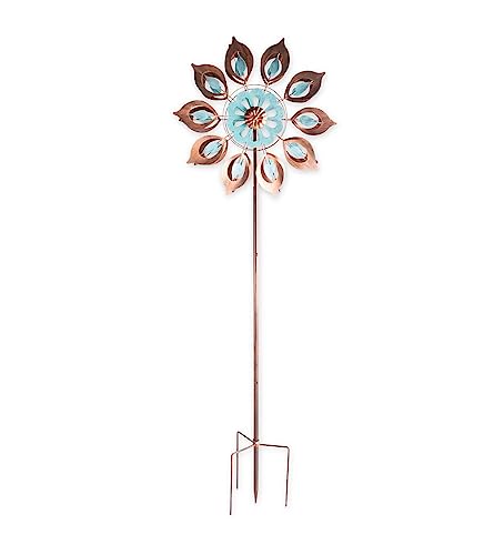 Mesmerizing Copper Lily Wind Spinner Dual-Tone | Petal-in-Petal Design | Independent Rotors | Brushed Copper & Antique Blue |All Seasons | 24" Wx75 H