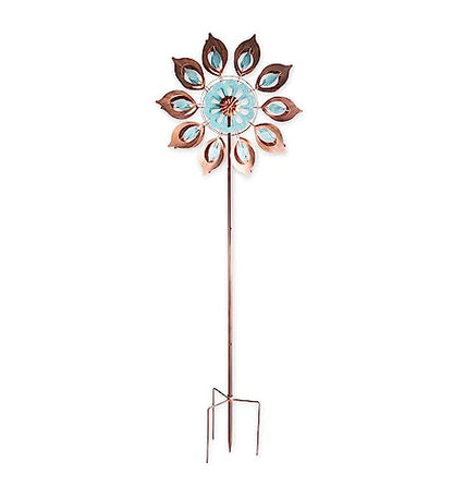 Mesmerizing Copper Lily Wind Spinner Dual-Tone | Petal-in-Petal Design | Independent Rotors | Brushed Copper & Antique Blue |All Seasons | 24" Wx75 H