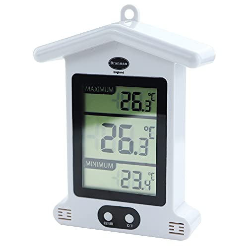 Brannan Digital White Greenhouse Thermometer – Stylish Weatherproof Max Min Thermometer to Monitor Maximum and Minimum Temperatures In a Garden Greenhouse Indoor Room Home Growroom Easily Wall Mounted