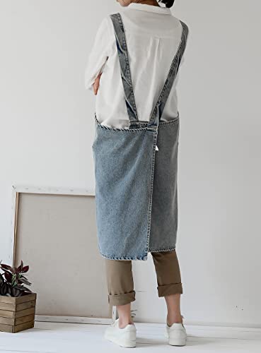 Denim Bib Apron for Women Men, Unisex Cross Back Aprons with Large Pockets - color: Style B - Light Blue