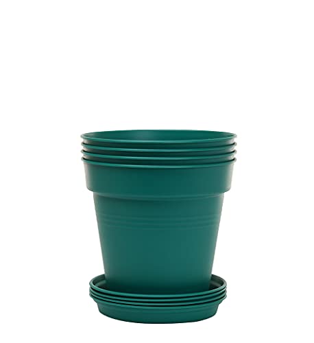 Mintra Garden Pots, 4 Pack Bulk Plastic Plant Pots with Drainage Tray, Round Indoor & Outdoor Decorative Planters with Drain Holes for Flowers, Herbs & Plants, 13cm Diameter – Forest Green, 5 in - color: Forest Green, size: 13cm Diameter (5in)