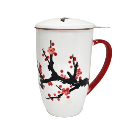 Tea Mug With Lid and Stainless Steel Infuser For Loose Leaf Tea Bag,15oz Tea Cup Porcelain, Hot Beverage Everyday Use Home Office, Gift Boxed (Sakura Cherry Blossom) - style: Sakura Cherry Blossom