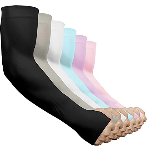 beister Arm Sleeves with Thumb Holes, UV Protection for Women & Men - color: 6 Pairs (Black/White/Grey/Purple/Blue/Pink)