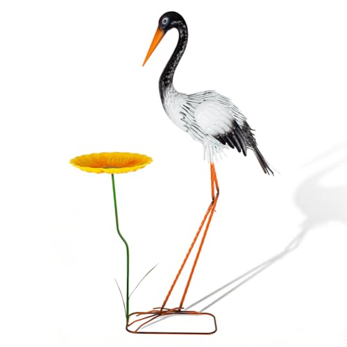 39" Large Heron Garden Statue,Crane Outdoor Statues with Leaf Tray - color: 39 Inch Black+white With Leaf Tray