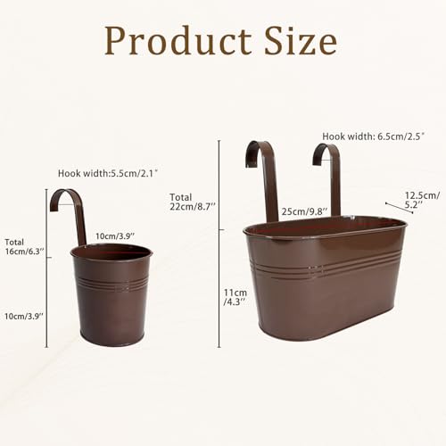 8 Pack Mixed Size Metal Railing Planters with Hanging Hooks, Chocolate - color: Chocolate, size: Oval 10"*4 + Round 4"*4
