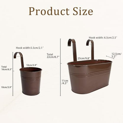 8 Pack Mixed Size Metal Railing Planters with Hanging Hooks, Chocolate - color: Chocolate, size: Oval 10"*4 + Round 4"*4