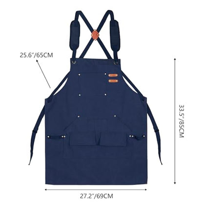 Tosewever Work Aprons for Men with Large Pockets, Canvas Cross Back Heavy Duty Adjustable Tool Aprons for Chef Cooking BBQ - color: Blue