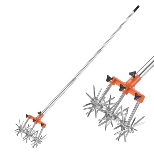 M METERXITY Adjustable Rotary Cultivator, 69" Garden Hand Tiller Stainless Steel Pole for Soil Mixing/Reseeding Grass/Aerating/Weeding/Planting