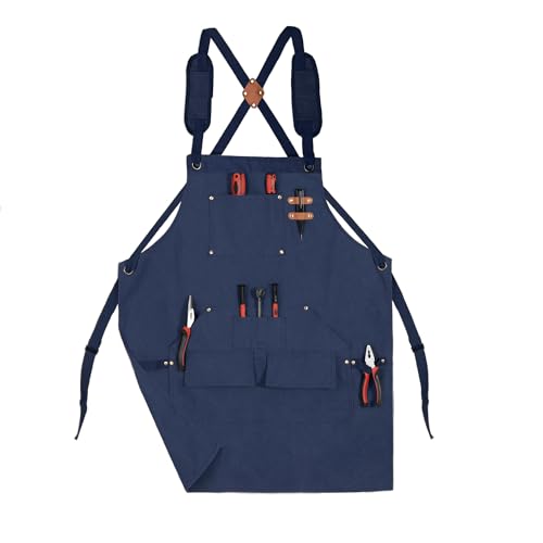 Tosewever Work Aprons for Men with Large Pockets, Canvas Cross Back Heavy Duty Adjustable Tool Aprons for Chef Cooking BBQ - color: Blue