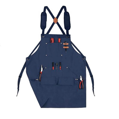 Tosewever Work Aprons for Men with Large Pockets, Canvas Cross Back Heavy Duty Adjustable Tool Aprons for Chef Cooking BBQ - color: Blue
