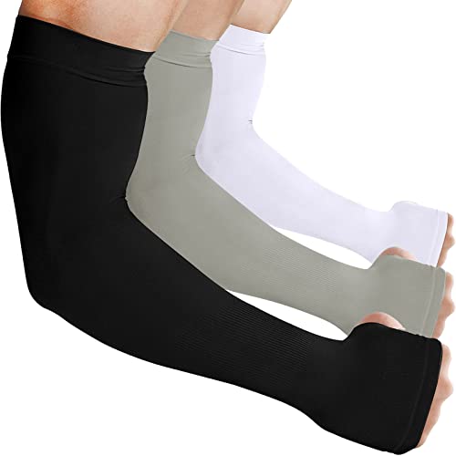 beister Arm Sleeves with Thumb Holes, UV Protection for Women & Men - color: 3 Pairs (Black/White/Grey)