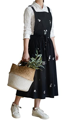 Cotton Pleated Apron Retro Waterdrop Proof Garden Cleaning Pinafore Dress - color: Floral Black