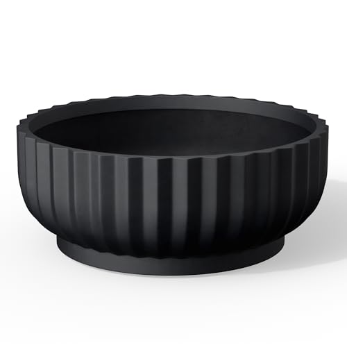 Kante Small Round Shallow Black Concrete Planter 14.6" Dia, Outdoor - color: Black, size: 14.6"w x 5.5"h