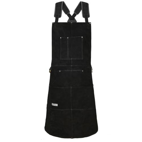 LeaSeek Leather Welding Apron, Heat & Flame-Resistant, 6 Pockets - color: Black - 24"x 36"