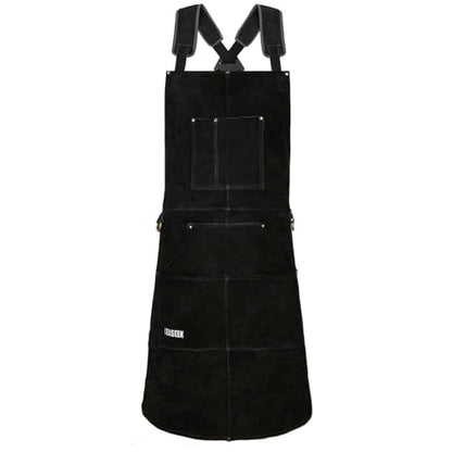 LeaSeek Leather Welding Apron, Heat & Flame-Resistant, 6 Pockets - color: Black - 24"x 42"