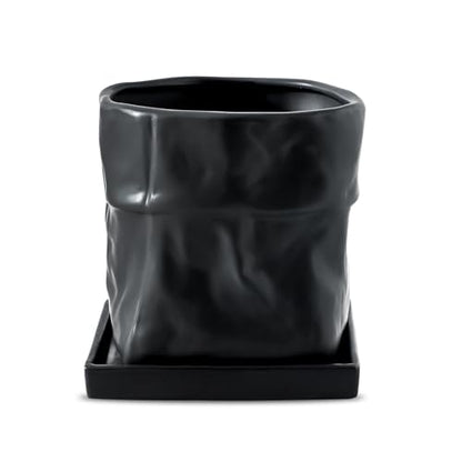 Nihow 6 Inch Ceramic Plant Pot with Drainage & Square Saucer,Black - color: Black, size: 6 Inch