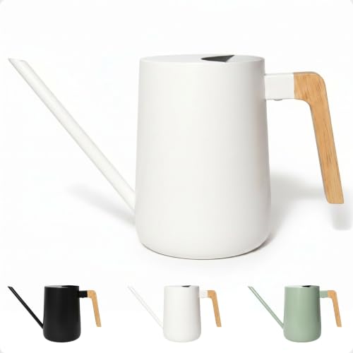 Metal Small Indoor Watering Can with Long Spout & Real Wood Handle, 35oz - color: White