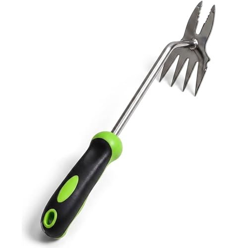 2-in-1 SS Crack Weeder & Cultivator, Ergonomic Rust-Resistant Grip - color: green