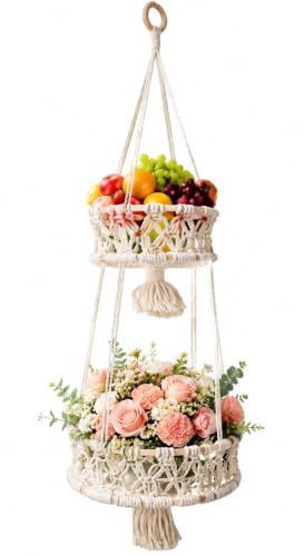 Alipis Macrame Plant Hanger Macrame Hanging Fruit Basket 2 Tier Woven Cotton Rope Storage Baskets Hanging Plant Holder for Vegetable Storage